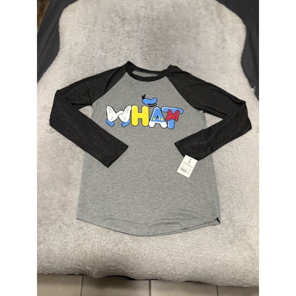 NWT Disney Parks WHAT Raglan Shirt Medium M Gray Black Mickey Donald Minnie New
